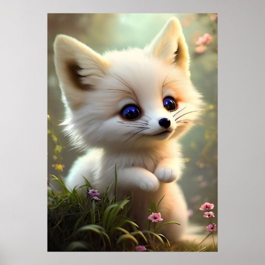 Cute baby fox in wilde bloemen poster (Voorkant)