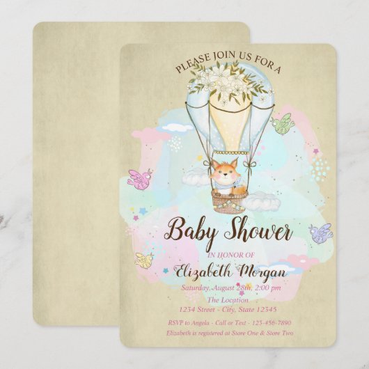 Cute Baby Fox, luchtballon, Butterfly Baby shower Kaart (Voorkant / Achterkant)