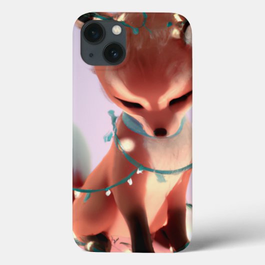 Cute Baby Fox met Fairy Lights iPhone 13 Hoesje (Achterkant)