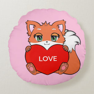 Cute Baby Fox met hart op roze Rond Kussen