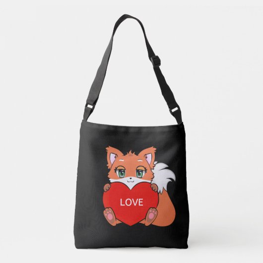 Cute Baby Fox met hart op zwart Crossbody Tas (Achterkant)