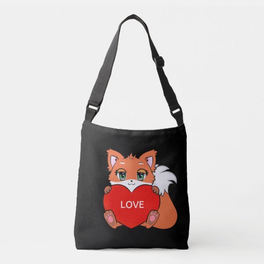 Cute Baby Fox met hart op zwart Crossbody Tas (Voorkant)