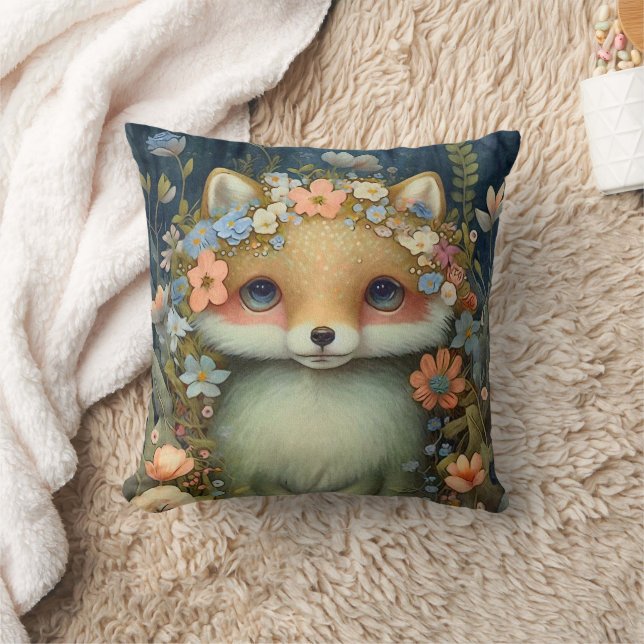 Cute Baby Fox Pink Blue Flowers Painting Kussen (Deken)