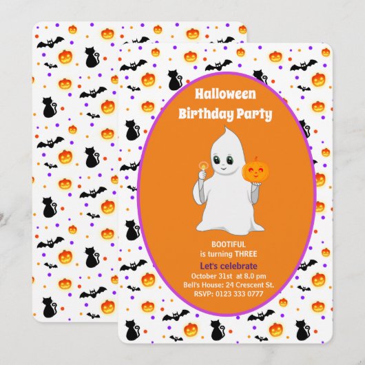 Cute Baby Ghost Halloween Birthday Invitation Kaart (Voorkant / Achterkant)