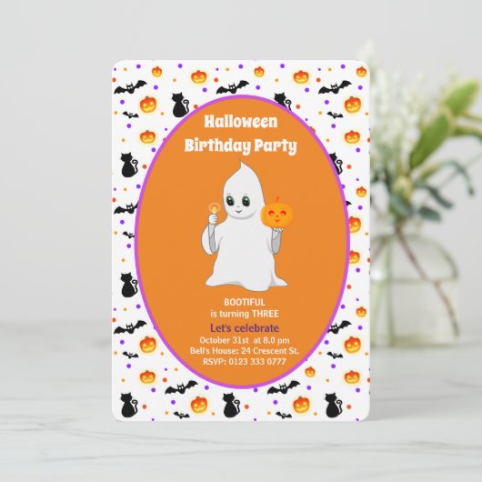 Cute Baby Ghost Halloween Birthday Invitation Kaart (Staand voorkant)