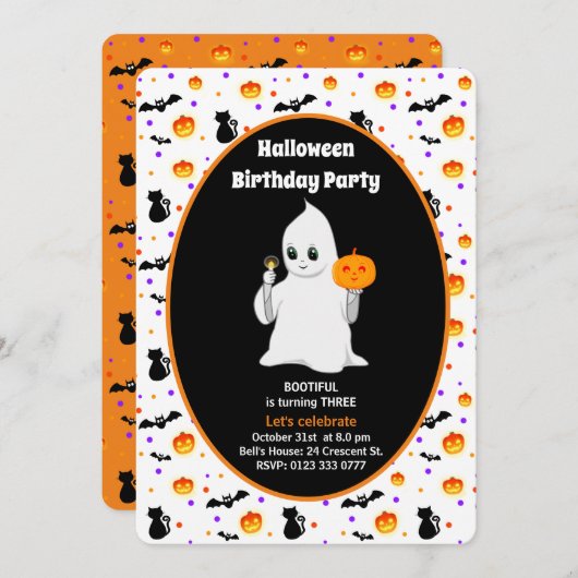 Cute Baby Ghost Halloween Birthday Invitation Kaart (Voorkant / Achterkant)