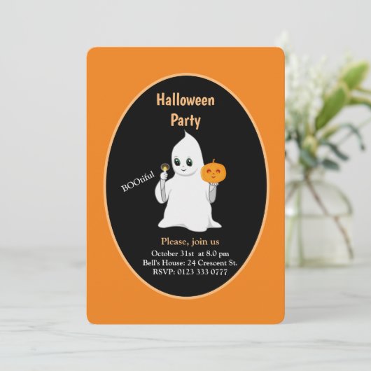 Cute Baby Ghost & Pumpkin Halloween Invitation Kaart (Staand voorkant)