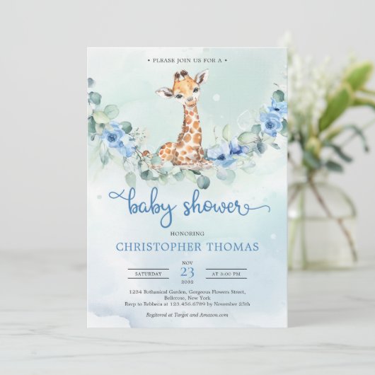 Cute baby giraferblauwe bloemen eucalyptus baby kaart (Staand voorkant)