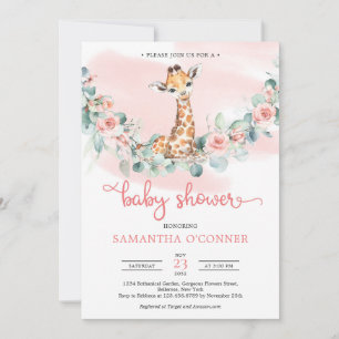 Cute baby giraffe blush bloemen eucalyptus baby kaart
