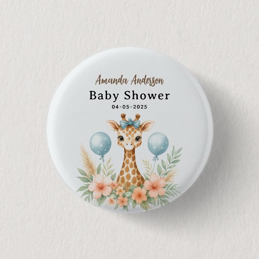 Cute Baby Giraffe Boy Baby Shower | Blue Safari Ronde Button 3,2 Cm (Voorkant)