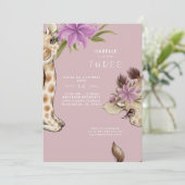 Cute Baby Giraffe Pink Birthday Party Invitation Kaart (Staand voorkant)