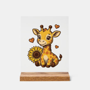 Cute Baby Giraffe Sunflower Vintage Gravure T-shir Acryl Bord