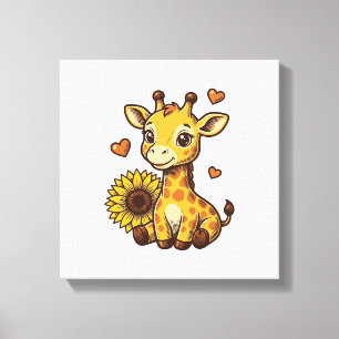 Cute Baby Giraffe Sunflower Vintage Gravure T-shir Canvas Afdruk