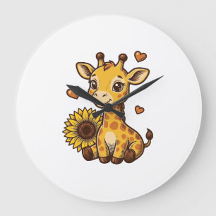 Cute Baby Giraffe Sunflower Vintage Gravure T-shir Grote Klok