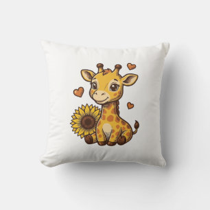 Cute Baby Giraffe Zonnebloem Vintage Gravure T-shi Kussen