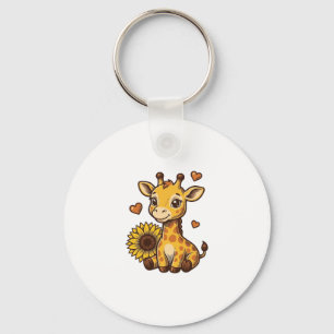 Cute Baby Giraffe Zonnebloem Vintage Gravure T-shi Sleutelhanger