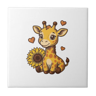 Cute Baby Giraffe Zonnebloem Vintage Gravure T-shi Tegeltje