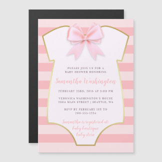 Cute Baby Girl Blush Pink Bow & Gold Baby shower Magnetische Uitnodiging