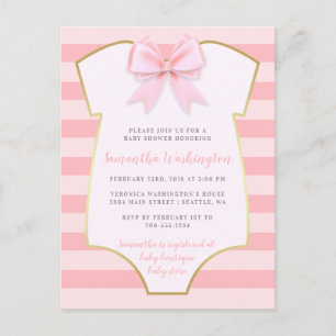 Cute Baby Girl Blush Pink Bow & Gold Baby shower Uitnodiging Briefkaart