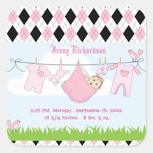 Cute Baby Girl Clothes Line Vierkante Sticker (Voorkant)