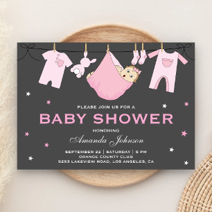 Cute Baby Girl Clothesline Baby shower Invitation Kaart