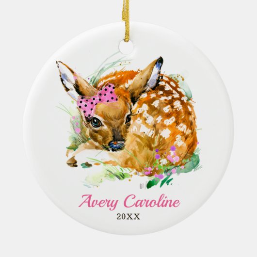 Cute Baby Girl Deer Fawn Persoonlijke Kerstmis Keramisch Ornament (Achterkant)