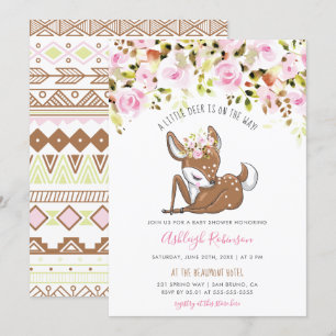 Cute Baby Girl Deer & Tribal Flowers Baby shower Kaart