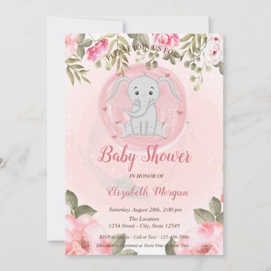 Cute Baby Girl Elephant, Floral Baby shower Kaart (Voorkant)