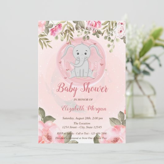 Cute Baby Girl Elephant, Floral Baby shower Kaart (Staand voorkant)