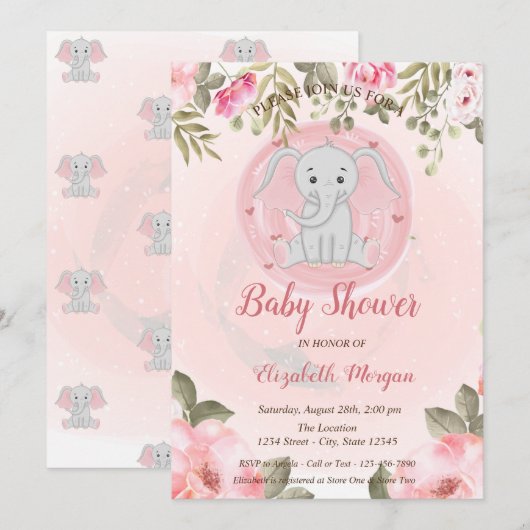 Cute Baby Girl Elephant, Floral Baby shower Kaart (Voorkant / Achterkant)