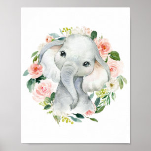 Cute Baby Girl Elephant Floral Poster