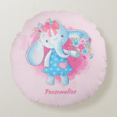 Cute Baby Girl Elephant Flowers Pink Bow Cartoon Rond Kussen (Voorkant)