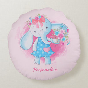 Cute Baby Girl Elephant Flowers Pink Bow Cartoon Rond Kussen