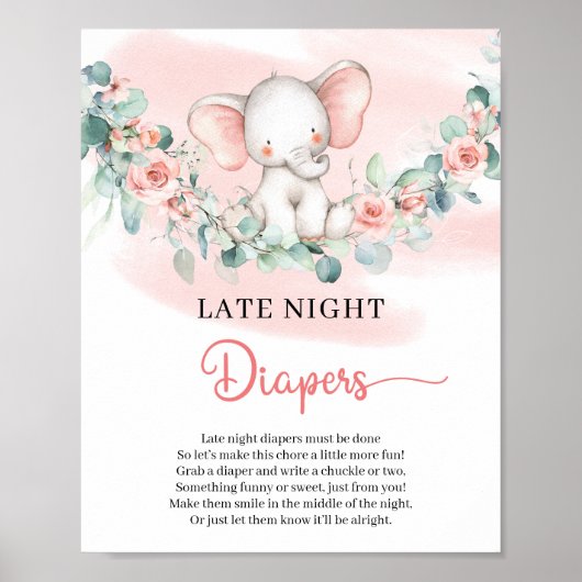 Cute baby Girl Elephant Late Night Diapers-teken Poster (Voorkant)