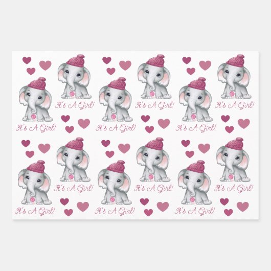 Cute Baby Girl Elephant Winter Baby shower Roze Inpakpapier Vel (Voorkant 2)