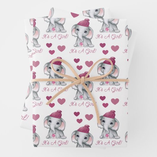 Cute Baby Girl Elephant Winter Baby shower Roze Inpakpapier Vel (In situ)