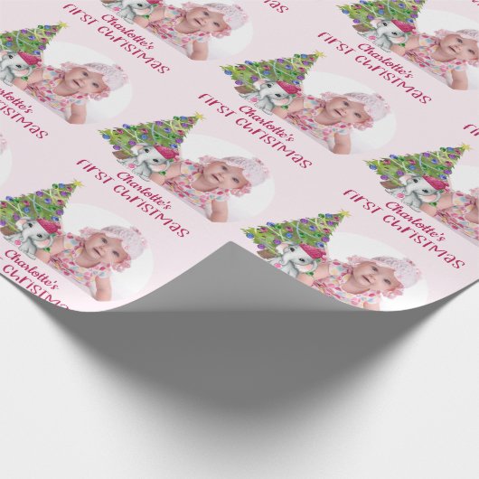 Cute Baby Girl Foto Elephant First Kerstroze Cadeaupapier (Hoek)