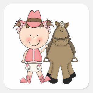 Cute Baby Girl & Horse Pony Aangepast Western Vierkante Sticker