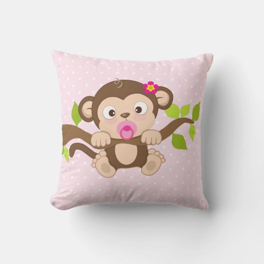 Cute Baby Girl Monkey Pink Polka Dots Sierkussen (Voorkant)