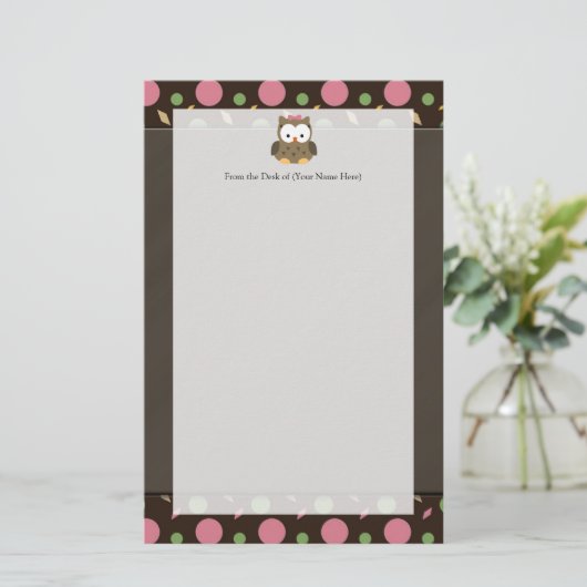 Cute Baby Girl Owl met Roze Bow Briefpapier (Staand voorkant)