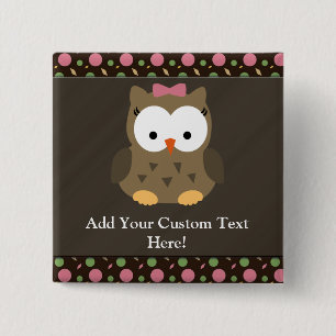 Cute Baby Girl Owl met Roze Bow Vierkante Button 5,1 Cm