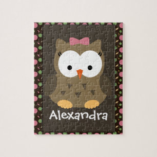 Cute Baby Girl Owl, roze/groen/bruin Legpuzzel