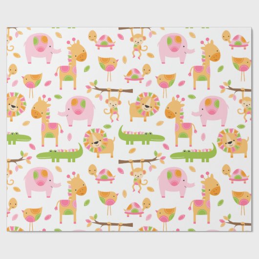 Cute Baby Girl Pink Oerwoud Animal Wrapping Paper Cadeaupapier (Vlak)