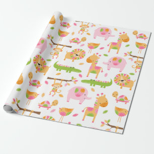 Cute Baby Girl Pink Oerwoud Animal Wrapping Paper Cadeaupapier