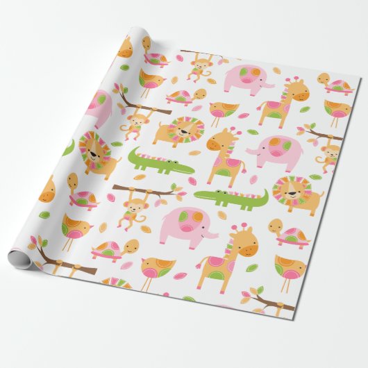 Cute Baby Girl Pink Oerwoud Animal Wrapping Paper Cadeaupapier (Uitgerold)