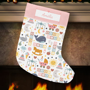 Cute Baby Girl Pink Pattern met de naam Small Chri Grote Kerstsok
