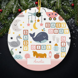Cute Baby Girl Pink Pattern met naam Kerstmis Keramisch Ornament