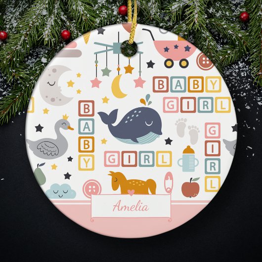 Cute Baby Girl Pink Pattern met naam Kerstmis Keramisch Ornament