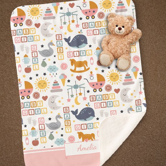 Cute Baby Girl Pink Pattern met naam Sherpa Deken