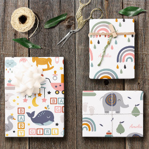 Cute Baby Girl Pink Pattern met Name Baby shower Inpakpapier Vel